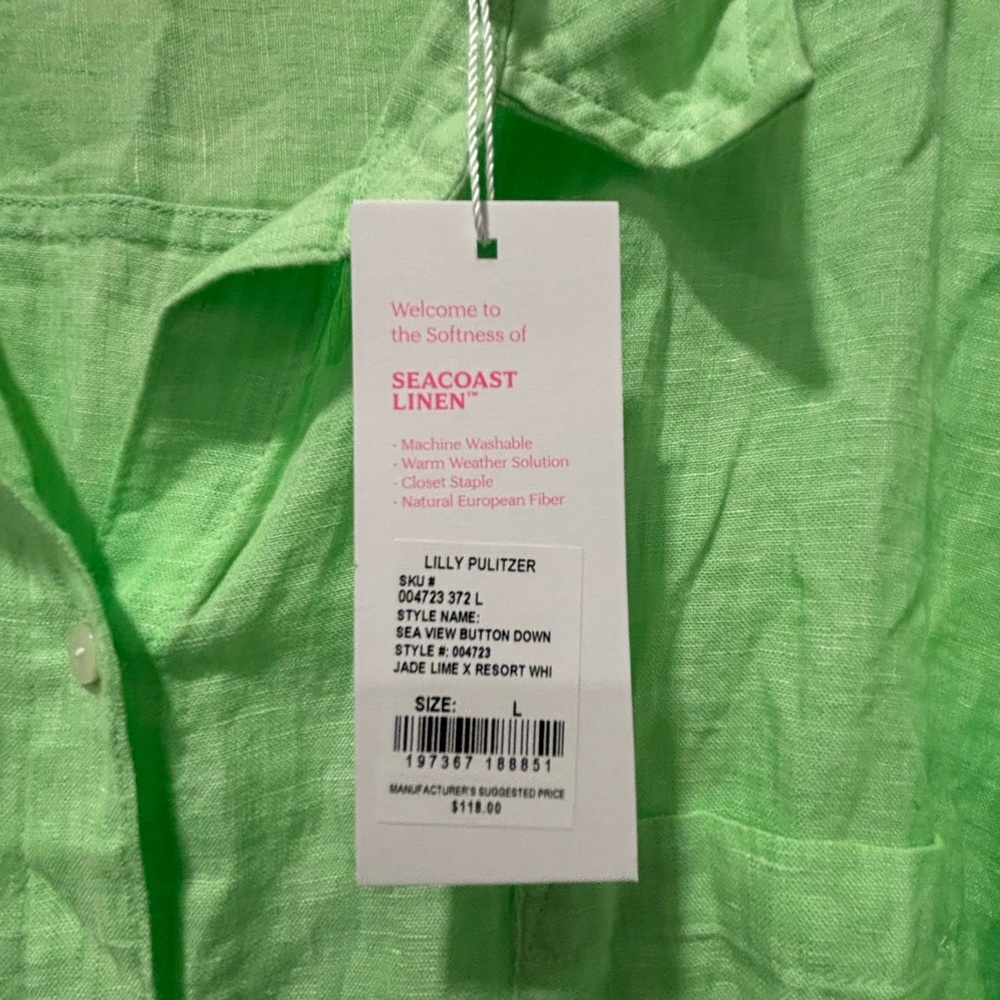 Lilly Pulitzer Jade Lime 100% Linen Button-Up Shirt - Picture 3 of 3